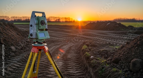 Surveying equipment on construction site at sunset, land measurement and geodetic instrument for civil engineering and topographic mapping