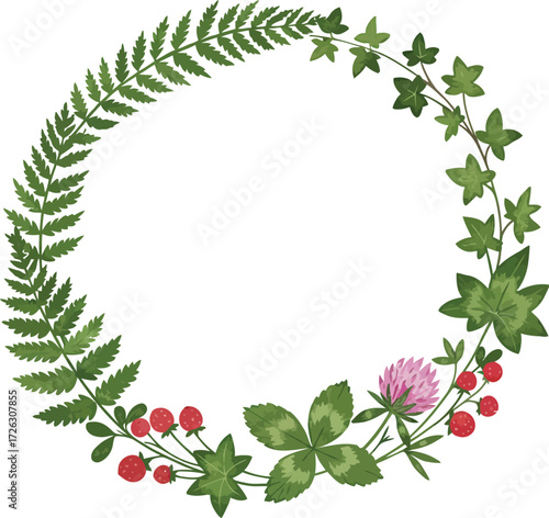 Floral wreath composed of ferns ivy clover and berries on transparent background