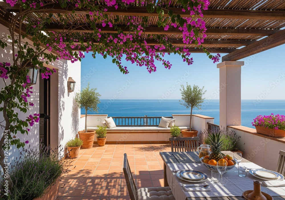 Fototapeta premium Mediterranean Terrace – white walls, blue accents, and ceramic tile flooring.