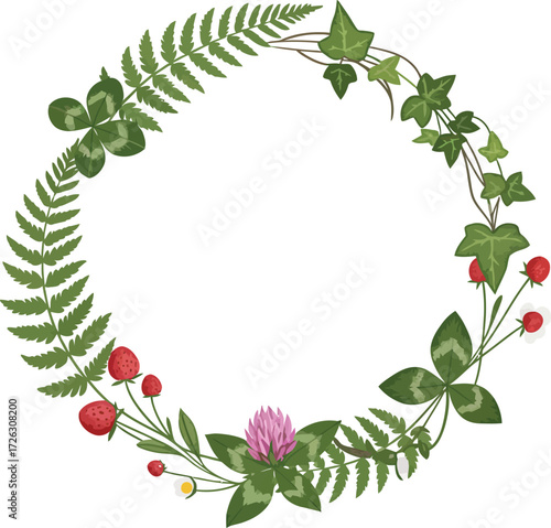 Elegant botanical wreath featuring ferns ivy and berries on transparent background