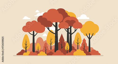 Autumnal Forest Illustration with Warm Tones, Ideal for Seasonal Greetings, Website Design, and Educational Materials to Showcase Nature's Beauty and Fall Aesthetics.