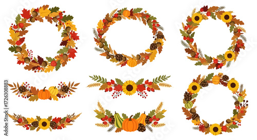Collection of vibrant autumn-themed wreaths and borders featuring seasonal foliage and harvest elements for creating festive cards and decorative designs