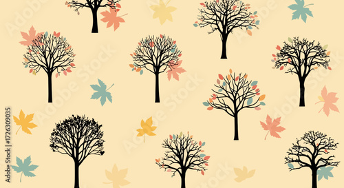 Autumnal Tree Pattern with Pastel Leaves on Beige Background Ideal for Fall Themed Designs, Seasonal Greetings and Backgrounds for Creative Projects