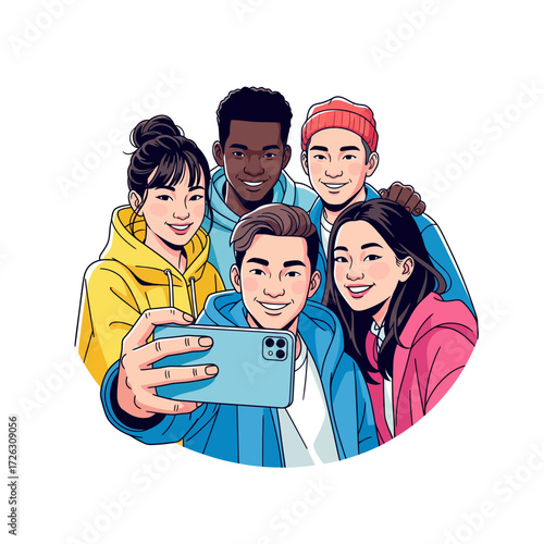 Diverse group of young adults taking a selfie together in a cheerful and inclusive moment of friendship and connection
