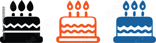 A colorful birthday cake icon with candles and sprinkles, in a vector style, isolated on transparent background. 

