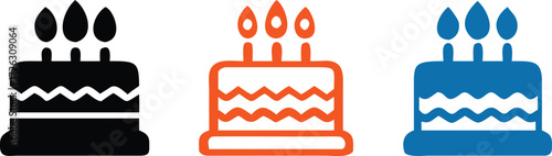 A colorful birthday cake icon with candles and sprinkles, in a vector style, isolated on transparent background. 
