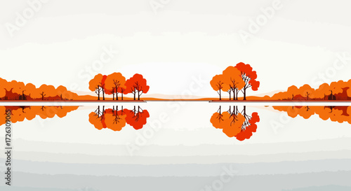 Serene Autumnal Landscape Reflection on Calm Water Surface, Ideal for Backgrounds, Nature Illustration, and Minimalist Design Projects.