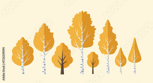 Autumnal Birch Tree Collection in Flat Vector Style for Seasonal Designs and Educational Materials on Arboreal Species and Forest Ecosystems