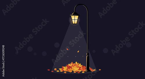 Autumnal Night Scene with Illuminated Streetlight and Fallen Leaves, Perfect for Seasonal Designs and Atmospheric Illustrations