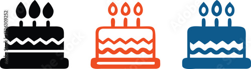 A colorful birthday cake icon with candles and sprinkles, in a vector style, isolated on transparent background. 
