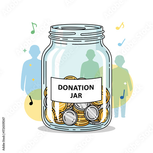 Illustration of a donation jar filled with coins, surrounded by silhouettes and musical notes, symbolizing charity