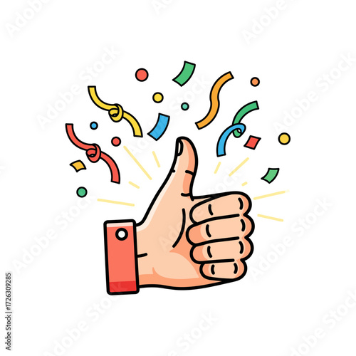 Illustration of a hand giving a thumbs up with confetti and celebratory elements in a positive and encouraging gesture