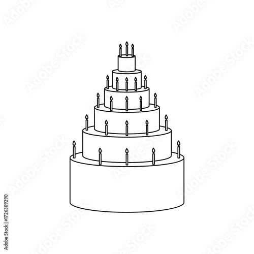 Illustration of a multi layered birthday cake decorated with lit candles for a celebration or event