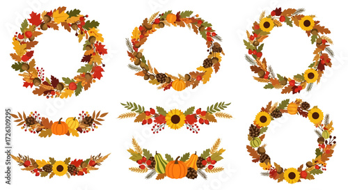 Autumnal Floral Wreaths and Swags Featuring Pumpkins, Sunflowers, and Colorful Fall Leaves. Ideal for seasonal cards, invitations, and harvest festival decorations.