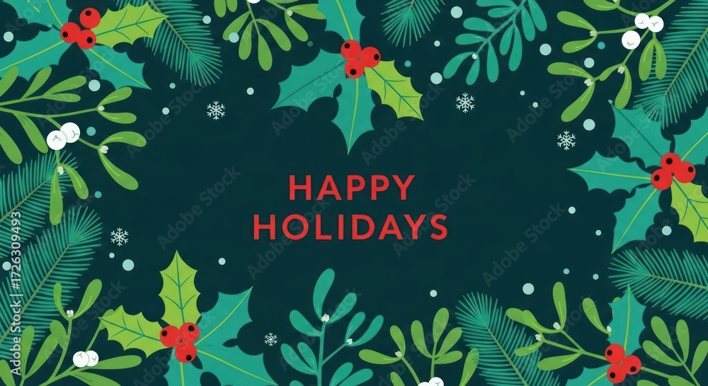 Obraz premium Festive Holiday Greeting Card with Holly, Mistletoe, and Pine Branches Design for Winter Season
