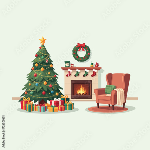 Cozy Christmas living room scene with a decorated tree, presents, and a warm fireplace.
