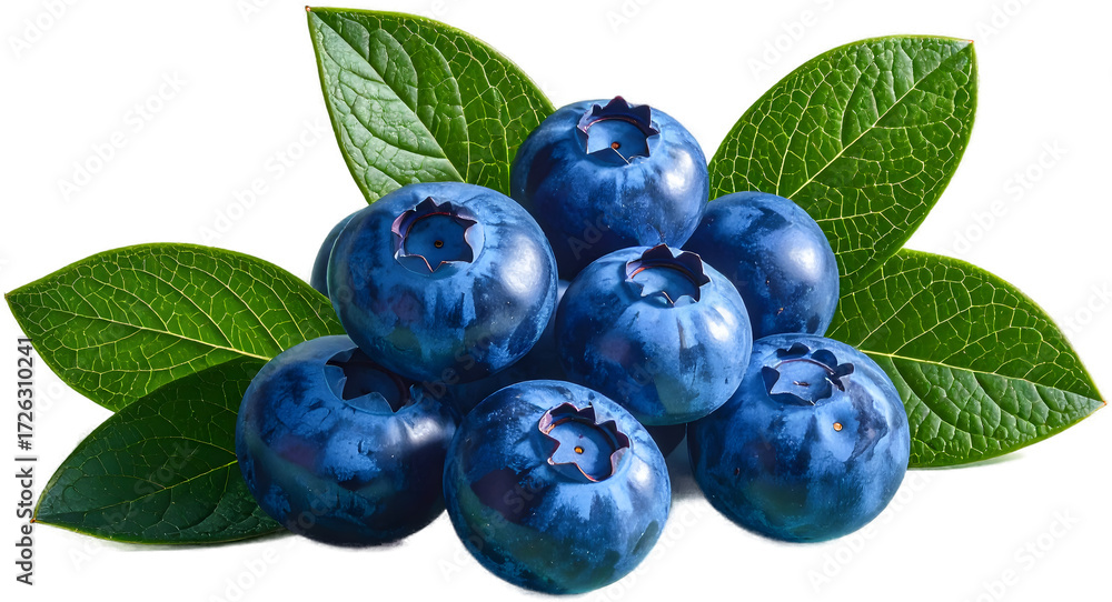 Fototapeta premium A detailed image of a cluster of fresh, ripe blueberries with their green leaves, showing their dusty blue bloom, isolated on a neutral background.