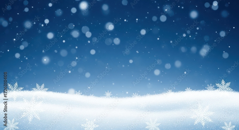 Fototapeta premium Magical winter background featuring snowflakes falling on a snowy landscape under a blue gradient