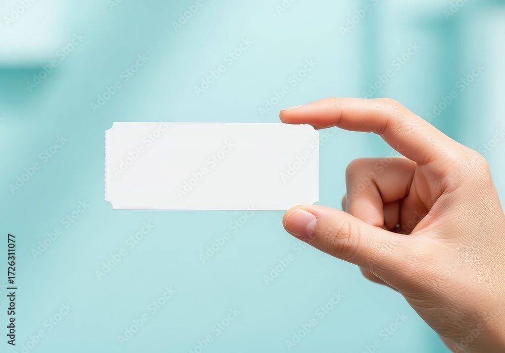 Obraz premium Blank white mockup business card held in hand against teal background