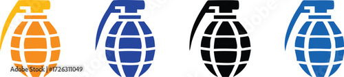 Dynamic grenade icons in vibrant orange, blue, black, and electric blue, symbolizing danger, conflict, and impact for modern design needs. 

