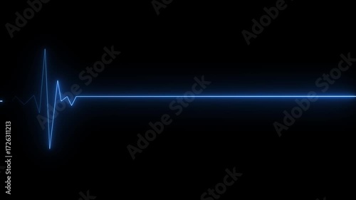 Blue Heart pulse light transparent effect animation, electrocardiogram. Neon light line template. Black background	