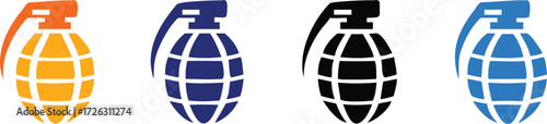 Dynamic grenade icons in vibrant orange, blue, black, and electric blue, symbolizing danger, conflict, and impact for modern design needs. 
