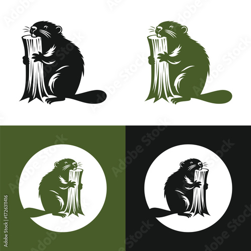 Silhouette Vector of a Beaver Biting a Tree