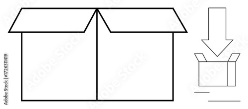 Open corrugated box with downward arrow indicating unpacking, storage, shipping, delivery, logistics, e-commerce, or organization. Ideal for moving business and online concepts. Simple flat