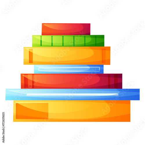 Vector illustration of a stack of books in different colors. Bookshelf, paper notebook, journal, diary, textbook. Concept for World Book Day, school, university, bookstore, and library.