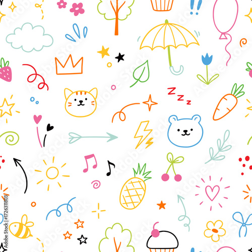 Cute icon kid pattern. Seamless vector pattern with happy baby animals face and fun cartoon elements. Playful sketchy design with hearts, stars, and creative hand drawn illustrations