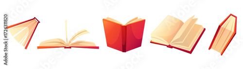 A set of red books, in various positions, open and closed. A bookshelf, a paper notebook, a journal, a diary, a textbook. Concept for World Book Day, a school, a university, a bookstore, a library.