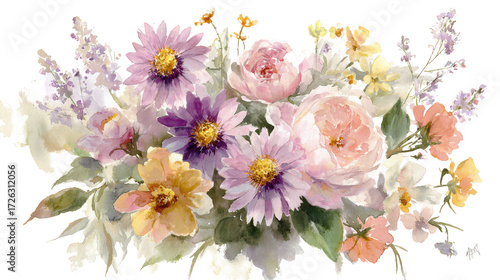 Beautiful pastel floral arrangement of various flowers isolated on transparent background