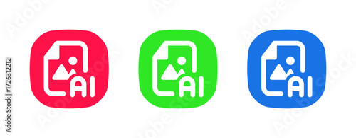AI-powered document image icon set in red, green, and blue, representing scanning, recognition, and digital file processing