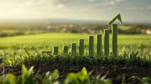 Green growth chart representing sustainability in agriculture against a scenic countryside backdrop at sunset