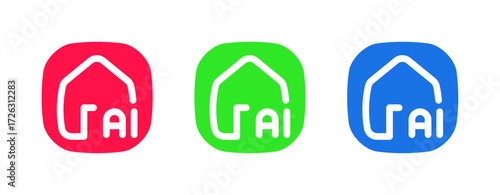 This set includes a red, green, and blue icon with a house and AI text, perfect for use in applications related to smart home automation, security, and energy management.