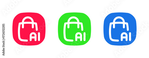 This set includes a red, green, and blue icon with a shopping bag and AI text, suitable for applications that use AI for retail, personalized shopping, and logistics.