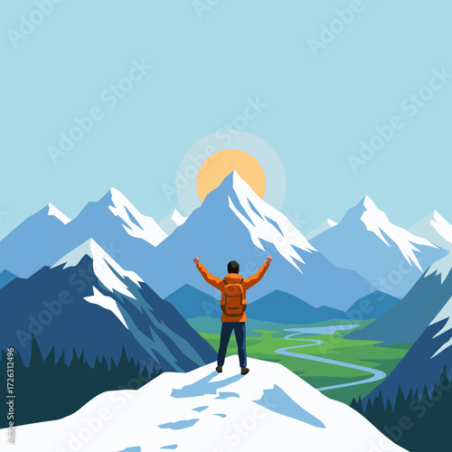 Adventurer stands victorious on a majestic snow-capped mountain summit, embracing the feeling of accomplishment and the serene beauty of the wilderness