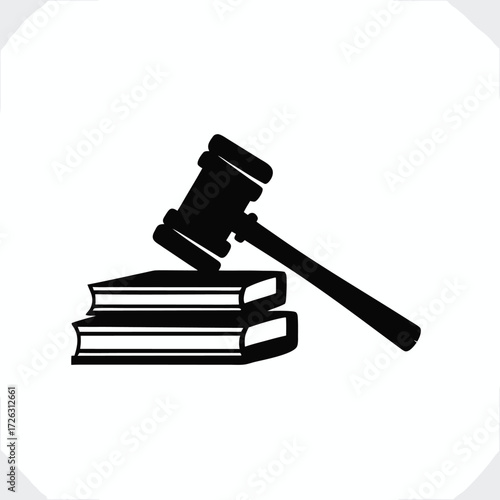 Vector art of gavel resting on two books, symbolizing law, justice, legal proceedings, and the authority of the court in a minimalist black and white design