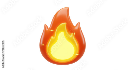 3D fire emoji with bright yellow flame and sparkles isolated on a transparent background heat