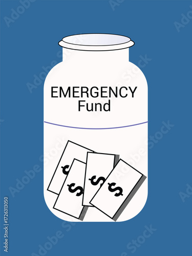 Jar filled with cash labeled 'emergency fund' symbolizing savings for unexpected expenses vector