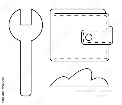 Wrench, wallet, and cloud line art for themes thumbs up financial management, technology, business, repair, digital storage, innovation and organization. Ideal for simple flat metaphor