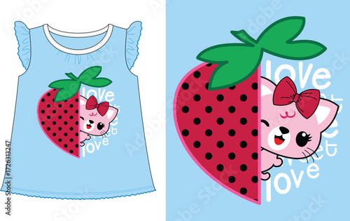 sweet love, vector cat in strawberry illustration graphic design on t shirt