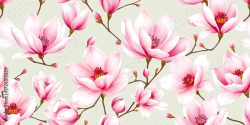 Delicate pink & white magnolia watercolor floral pattern, shabby chic vintage style, seamless repeat for textiles & home decor,  delicate, white
