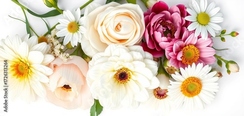Delicate white blooms of dahlia, rose, chamomile, daffodil, peony, daisy & hellebore, isolated on white , rose, summer