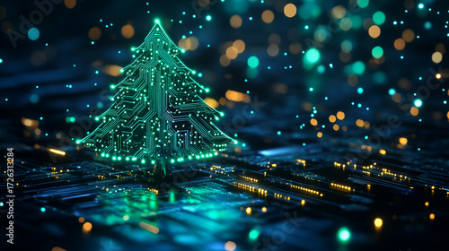 Christmas tree made of glowing digital circuits and microchips