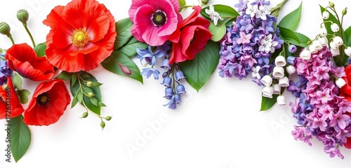 Horizontal seamless border featuring red, pink, blue, and white poppies, bluebells, lilacs, and lily of the valley on a white background,  background,  delicate