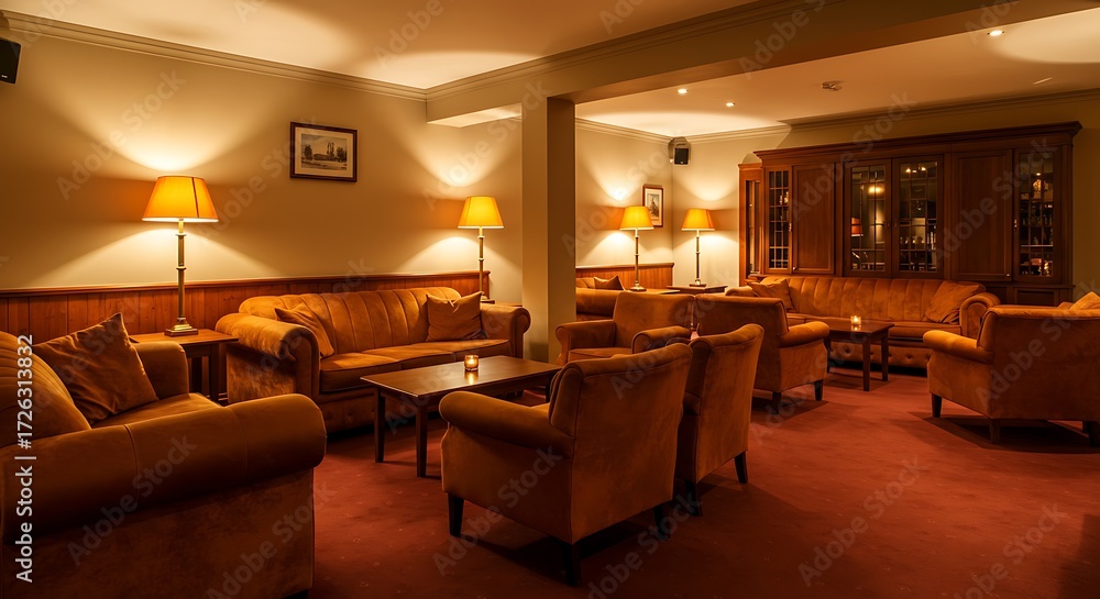 Fototapeta premium Elegant, Warmly Lit Empty Hotel Lounge with Classic Plush Seating and Ambient Glow.