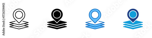 Location Layers Multiple Style Icon Design Vector - Pin marker stacked on layers, representing layered maps or precise location data