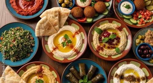 Wallpaper Mural An overhead shot of a vibrant mezze spread featuring hummus, salad, stuffed grape leaves and more Torontodigital.ca