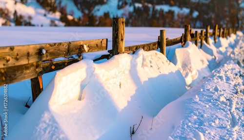 Wallpaper Mural Snowy wooden fence at sunset Torontodigital.ca